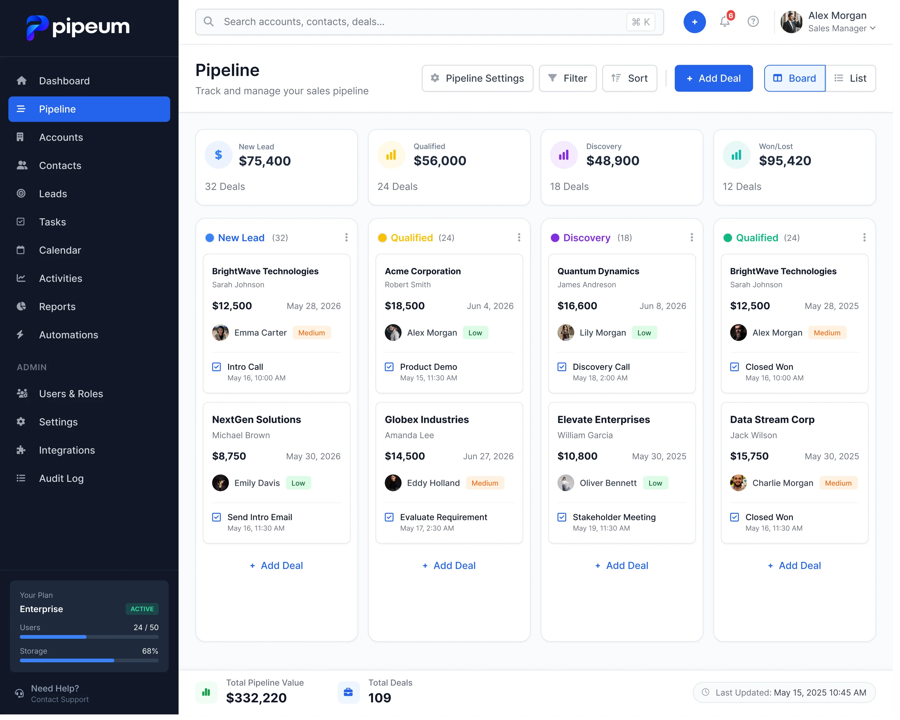 Pipeum CRM Pipeline Board Mockup